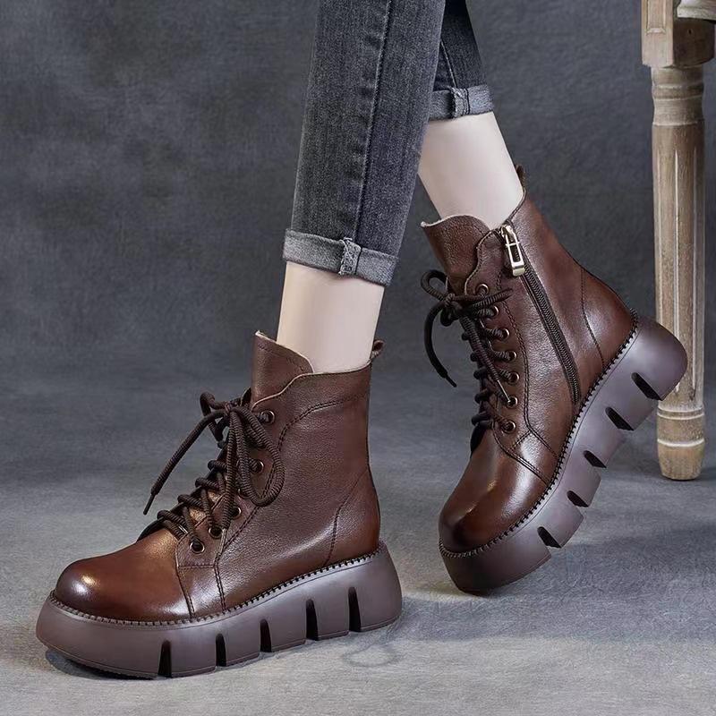 Korean version of soft leather thick-soled Martin boots women's thin boots 2025 new autumn and winter short boots retro versatile knight boots