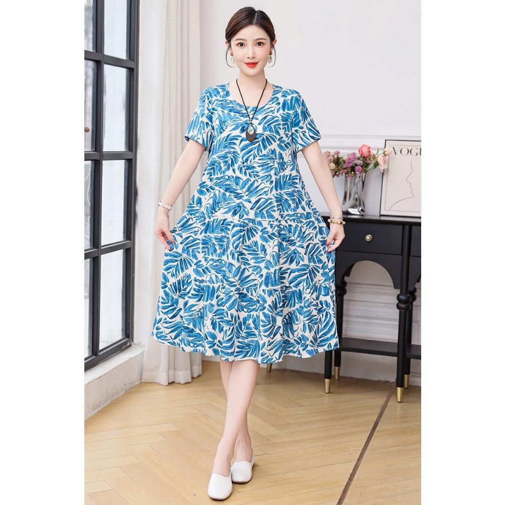 Summer Short-sleeved, Loose and Long Artificial Cotton Dress for Middle-aged and Elderly Women