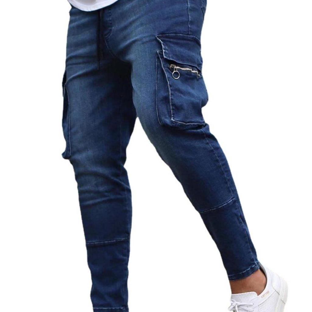 Herren-Jeans mit mehreren Taschen, Stretch, Reißverschluss, Dekoration, Arbeitskleidung, Jeans, Neu