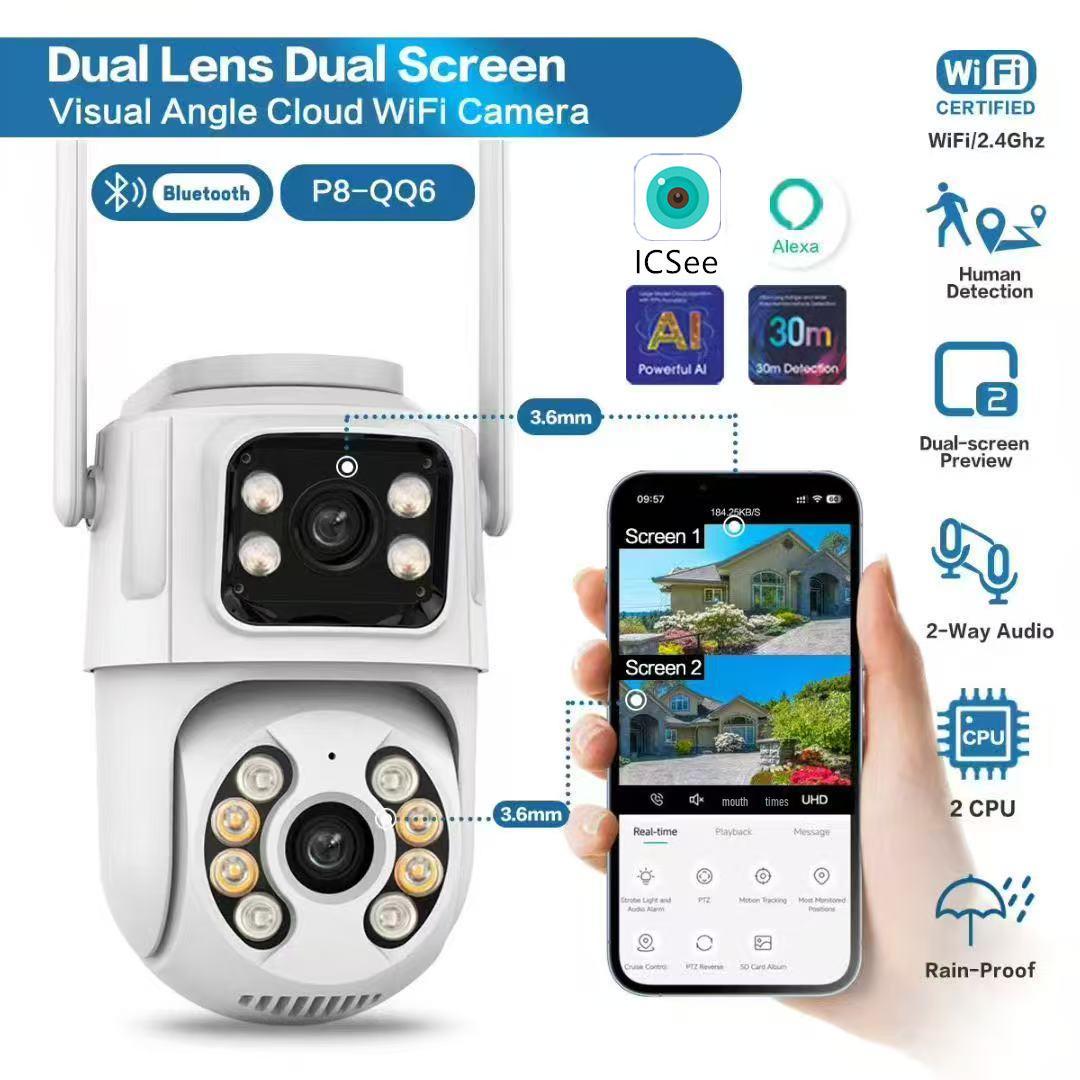 

Super Look 6MP WiFi Bullet Camera - Dual-Lens, Mobile Remote Monitor, Full-Color Night Vision P8/Binocular Bullet Dome/US Plug