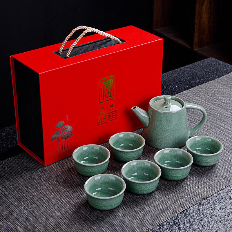 Ceramic Kung Fu Tea Set Gift Business Gift Set Ge Kiln Ru Kiln One Pot Six Cup Gift Box Ice Cracked Glaze
