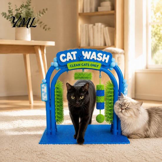 Cat Cleaning Accessories Wash Grooming Station, Self Groomer with Soft Rubbing Brushes, Helper Car Design Massage Scratcher for Indoor Cats Loose Fur