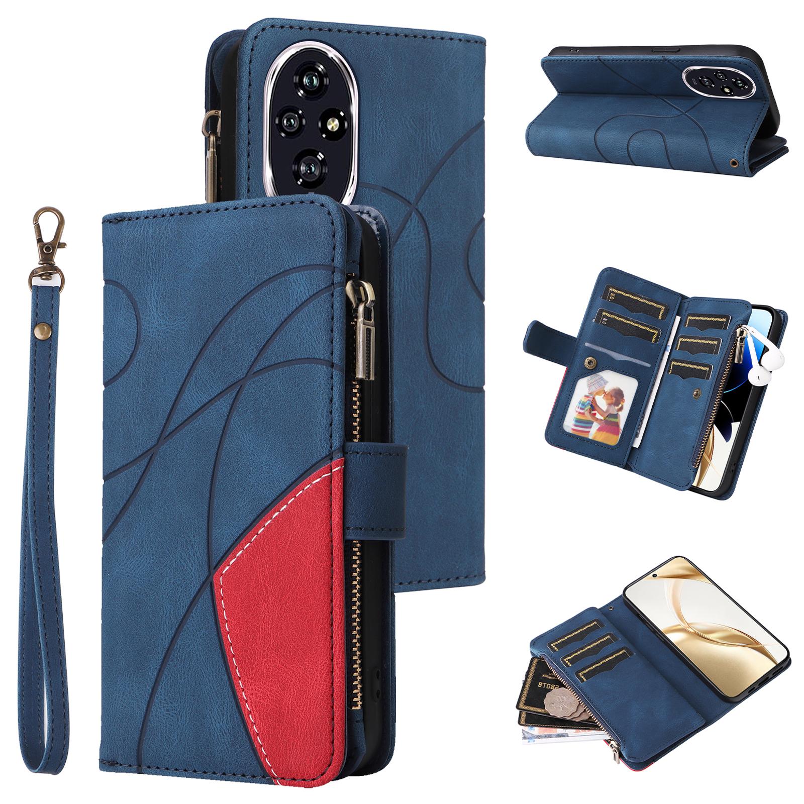 

Кожаный чехол для Honor 200 5G с ремешком, молнией, 9 отделениями для карт, чехол для телефона со стендом Blue