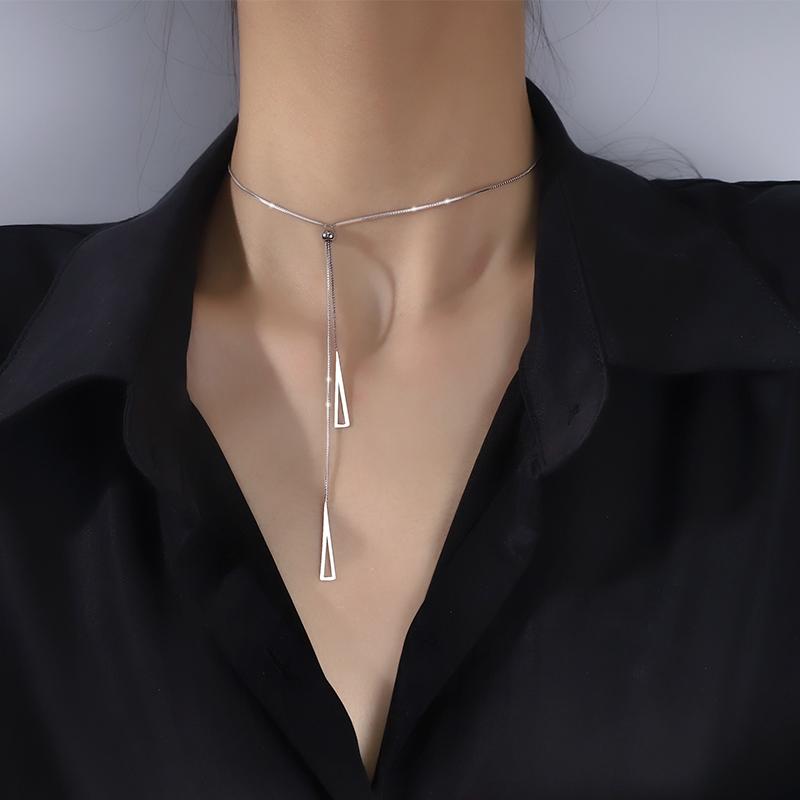 925 Sterling Silver Geometric Retractable Necklace Simple Glossy Hollow Triangle Box Chain Female Clavicle Chain Wedding Jewelry