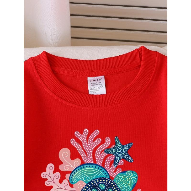 European Sizes Girls' Long-Sleeve Round Neck Sweatshirt "Sea Turtle Coral" Print, Spring/Autumn, Casual, Daily & Sports.
