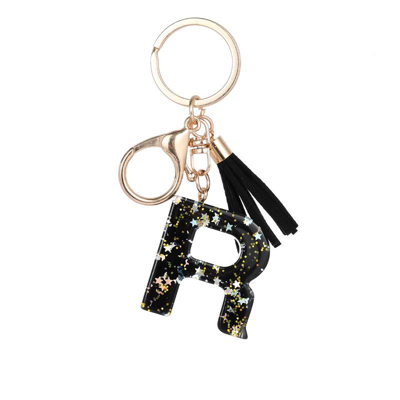 Black Glitter Star Sequins Resin 26 Letters Keychain Initials A-Z Keyring Tassel Charm Accessories Backpack Hanging Decoration