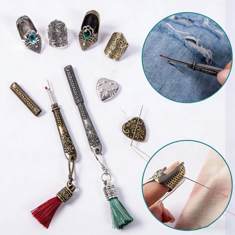 Retro Metal Seam Ripper With Magnetic Needle Threader And Thimble Finger Cover For Sewing Clothing Repair and Tailoring
