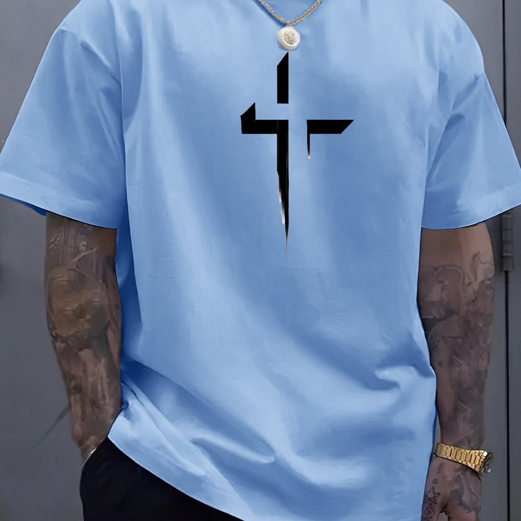 Cotton Summer Men's 100% Pure Cotton Casual Loose Plus Size Cross Creative Printed Sports Comfortable Round Neck Short Sleeved T-shirt