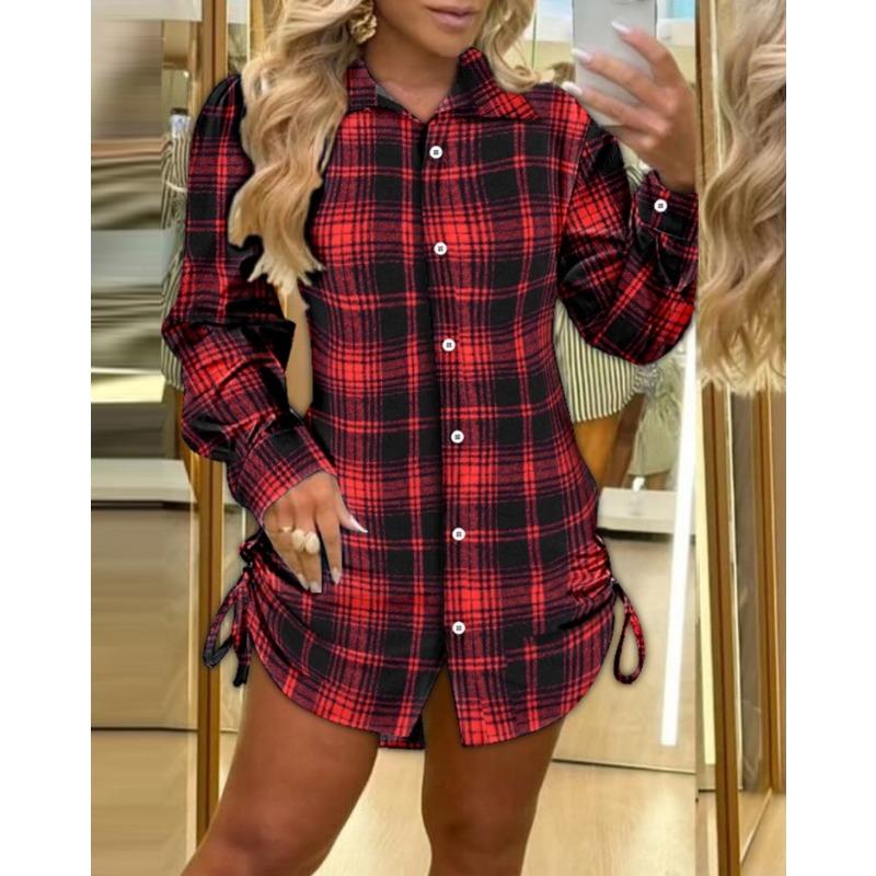 YYFS Women's Fashion Spring Fall Plaid Print 3/4 Sleeves POLO Neck High Waist Casual Dresses