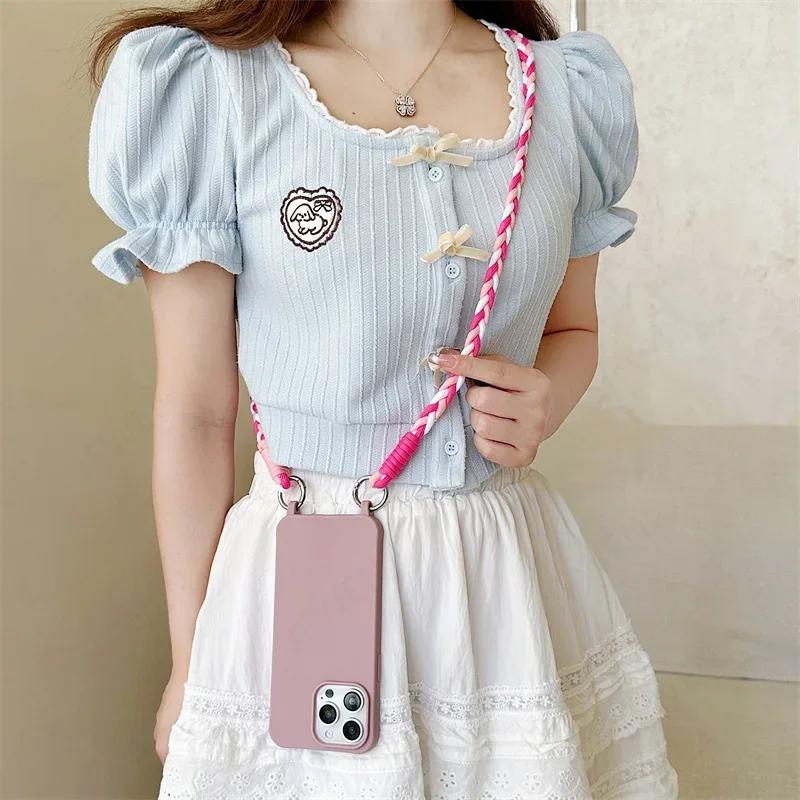 Crossbody Lanyard Handyhülle Für iPhone 16 15 14 12 13 11 Pro Max Plus Süßigkeitenfarbe Silikon Weiche TPU Rückseite