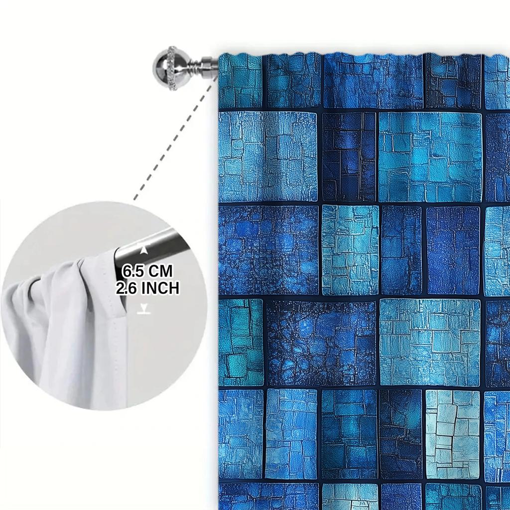 2pcs Retro Blue Mosaic Tiles Printed Curtain for Home Decor - Rod Pocket Window Treatment for Bedroom, Office, Kitchen