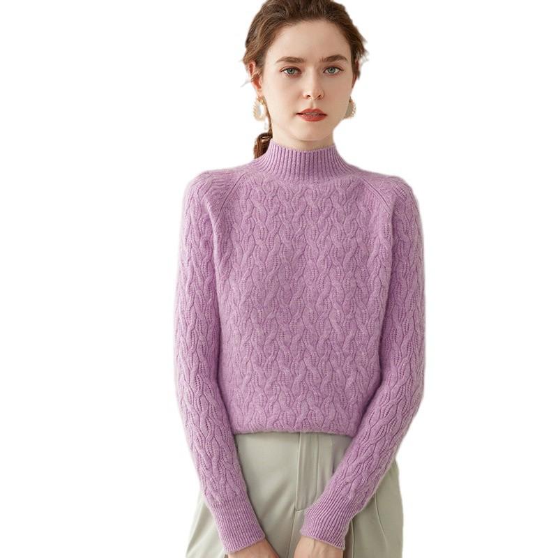 Women's Cable Knit Half-High Neck Cashmere Sweater - Loose, Thick, Warm Base Layer