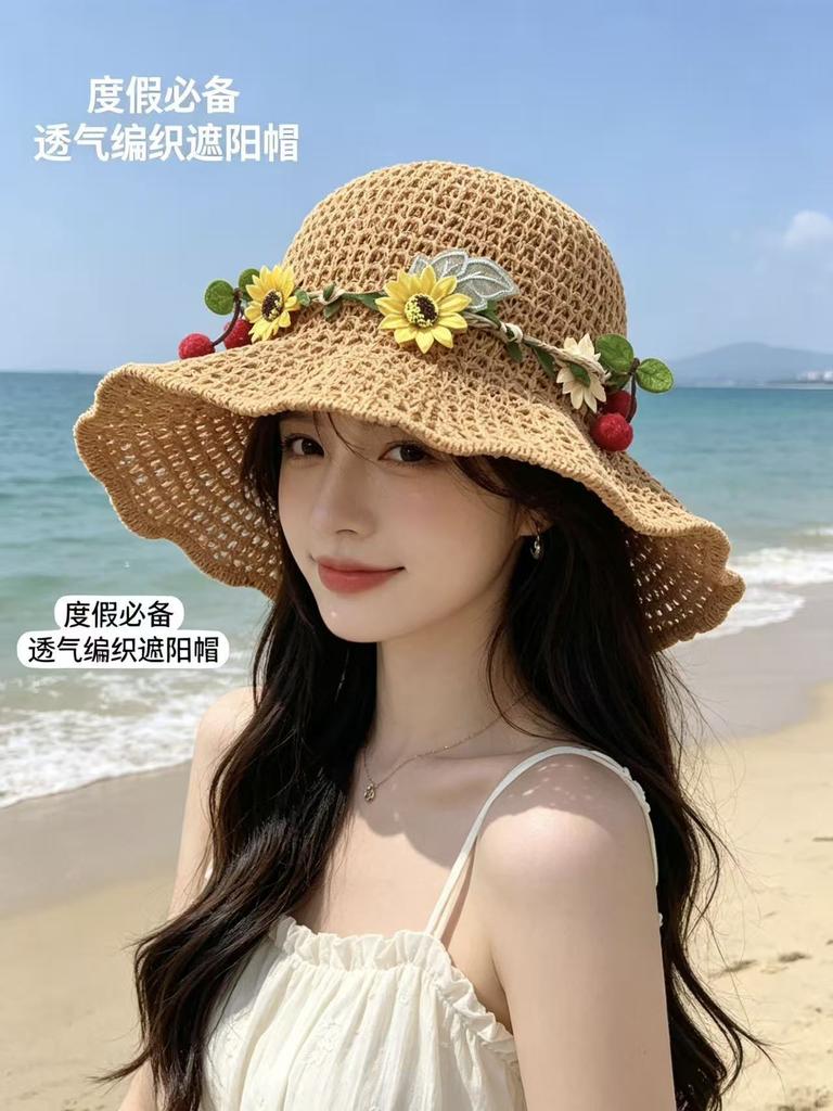 Straw Hat Seaside Hat Ins Lace-up Straw Hat Women's Travel Sun Hat Lace Sun Hat Lace Lace Sunscreen