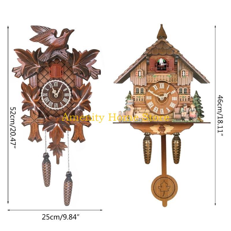 F26C Wooden Wall Clock Cuckoo Antique Pendulum Hanging Handcraft Swing Alarm Watch