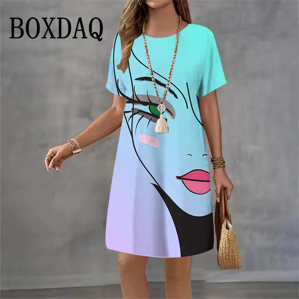 Abstract Painting Face Dresses Women 2026 New Fashion Streetwear Gradient 3D Print Short Sleeve Dress Summer Casual Loose Dress