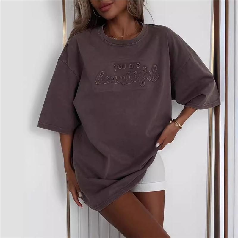 

Женская футболка с коротким рукавом с объемным принтом, свободного кроя, для похудения, скрывающая живот, на весну/лето 2024 S