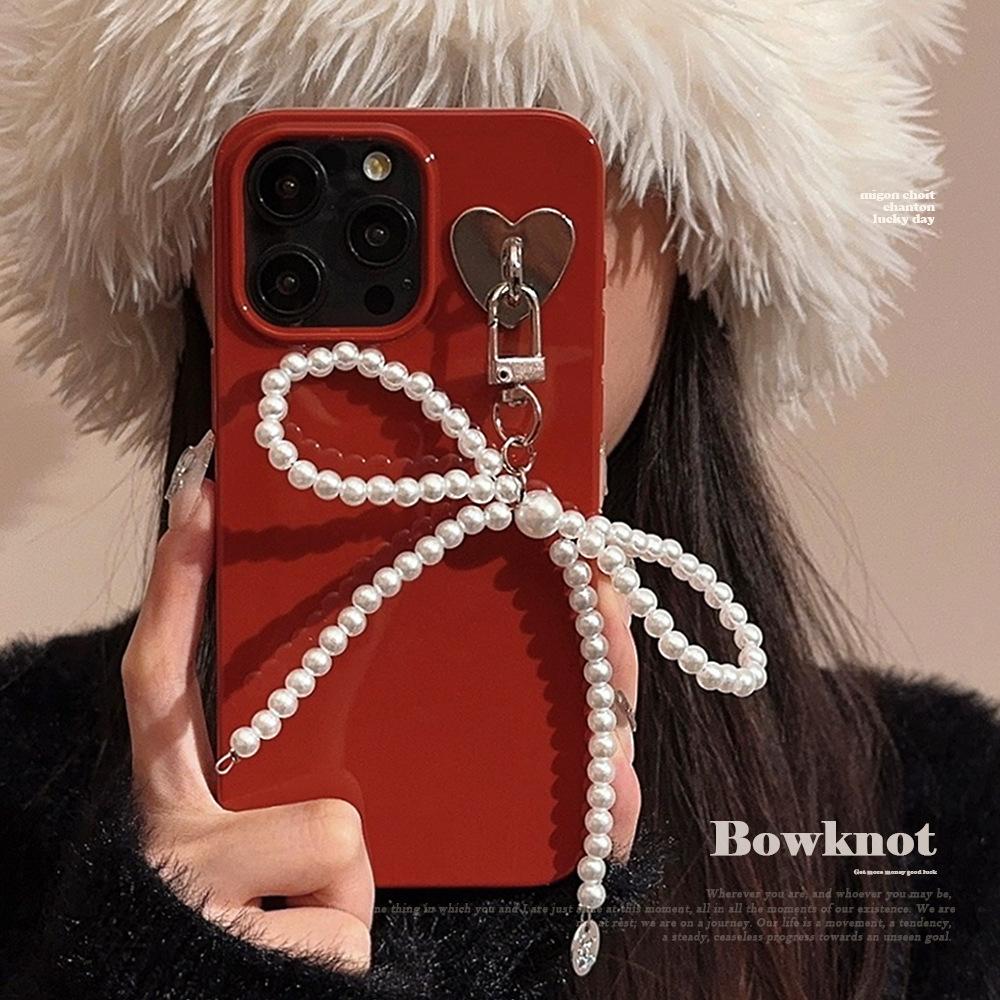 Pearl Bow Pendant Iphone16 IPhone Case 15promax Princess Style 11 New Year Red 16 Silicone