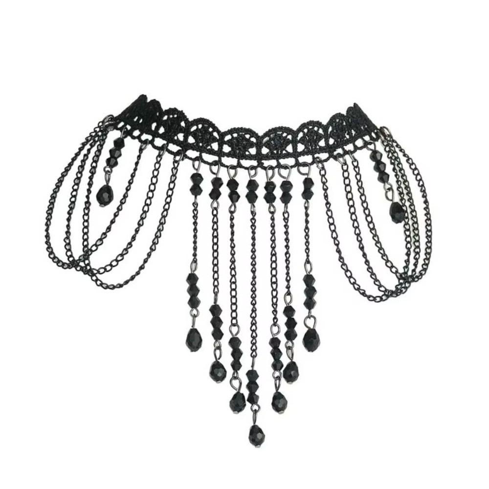 Black Lace Pendant Necklace Tassel Drop Beaded Necklace Fashion Choker Necklace Women