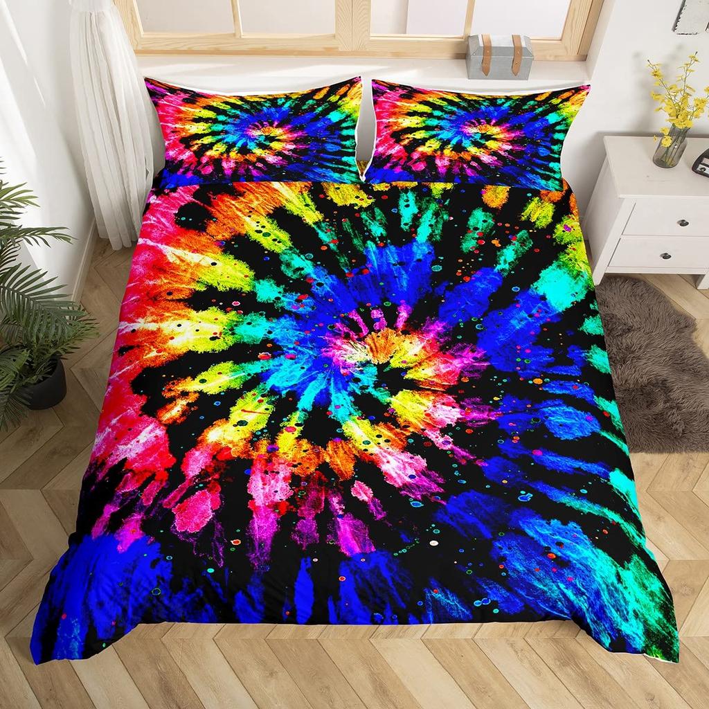 Tie-Dye Duvet Cover Set For Kids Boys Teens Queen Lightweight Quilt Covers Abstract Hippie Themed Boho Bedding Set Bedroom Decor