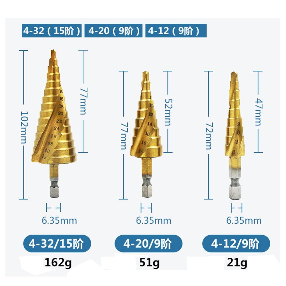 Step Drill, Helix, Hexagonal Axis Drill, Set of 3, Titanium , Spiral HSS Steel,