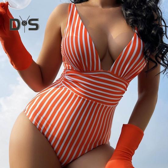 Women Monokini Deep V-Neck Sleeveless Slim Fit One-Piece Bikini Striped Print High Waist Tummy Control One-piece Swimsuit