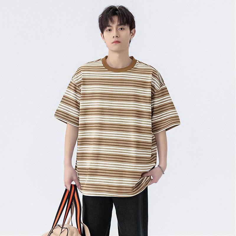 Men's Round Neck Short Sleeved T-shirt, Summer Casual Loose Striped T-shirt, Couple's Half Sleeved Top