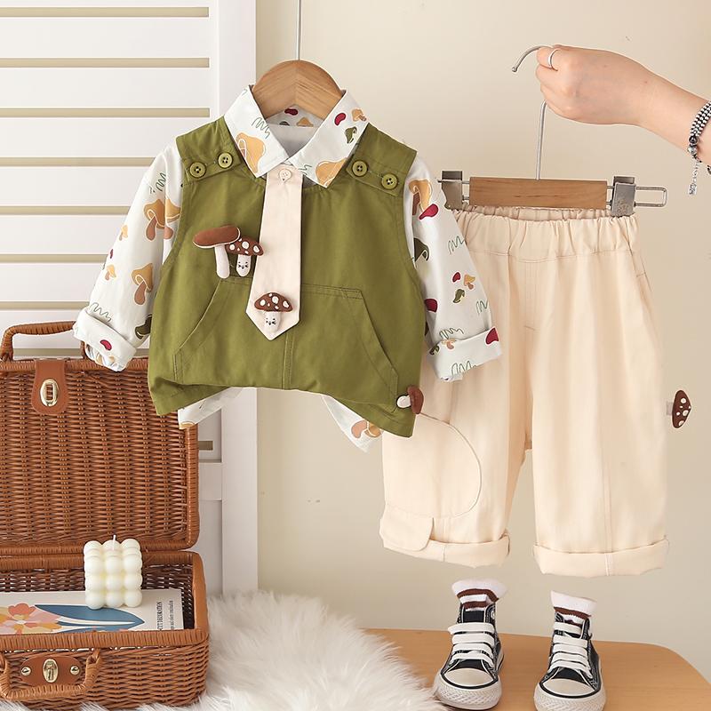 

Комплект из трех предметов с длинными рукавами для мальчиков, Милый жилет для детей 0-5 лет, Рубашка с галстуком-бабочкой + повседневные брюки, Высококачественная одежда для малышей S зелёный