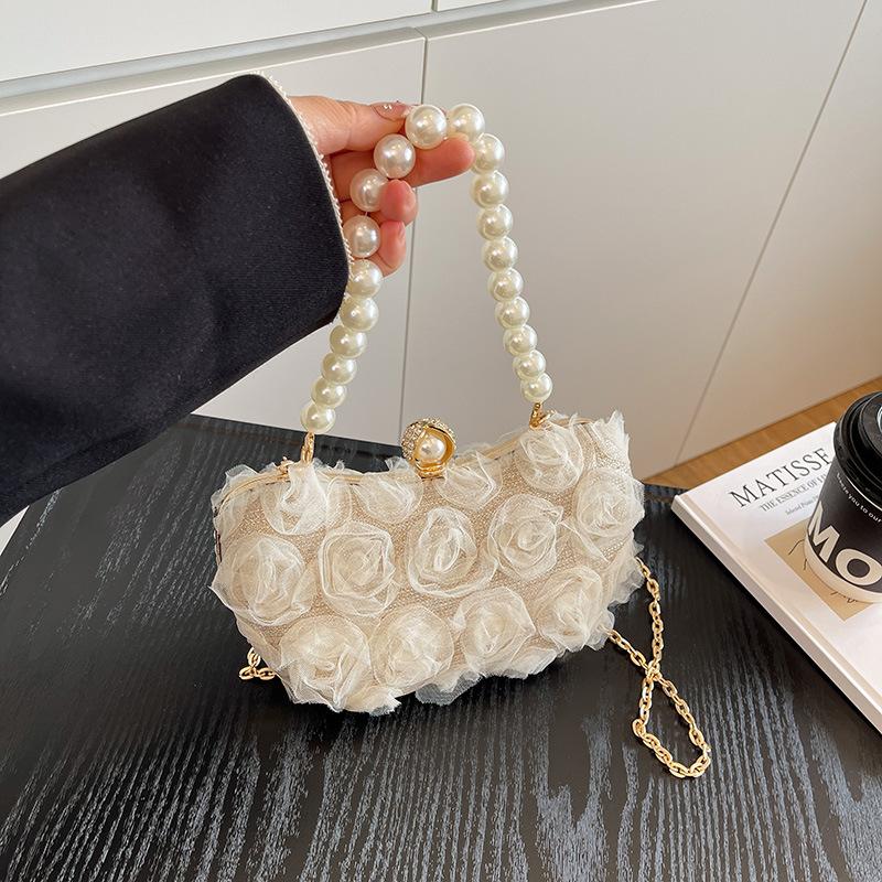 Wedding Evening Clutch Romantic Metal Chain Crossbody Bag Pearl Handle Clutch Elegant Lace Flower Evening Bag For Wedding