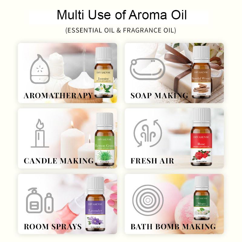 DIVASENSE (Pack of 5, 10ml) Aroma oil diffuser essential oil for air diffuser for home fragrance, 10ml x 5 Lavender, Rose, Jasmine, Sandalwo