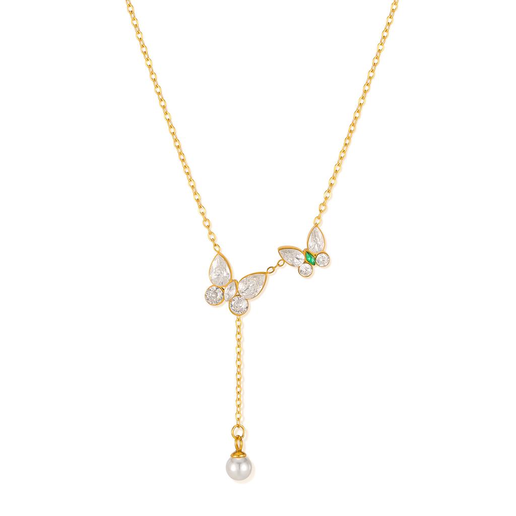 Exquisite butterfly Necklace Fashion Stainless Steel Luxury Zircon Jewelry Commute Pearl Tassel Chokers Necklaces ALN2601000252