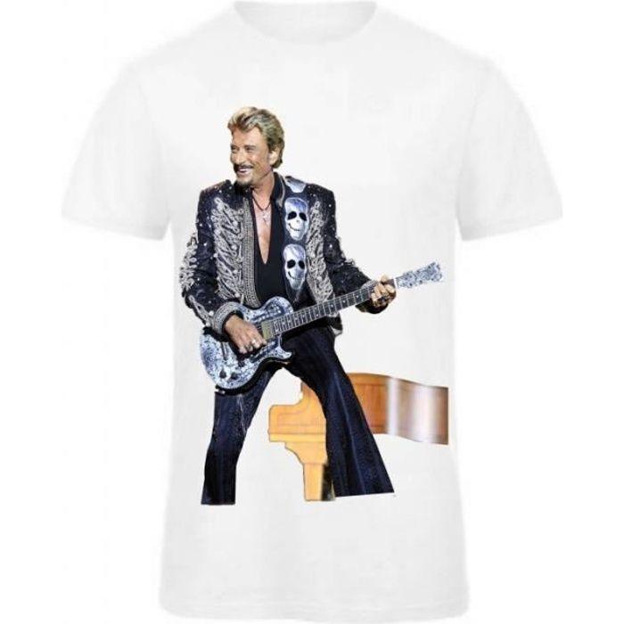 Tee shirt - Johnny Hallyday - Blanc - Manches courtes - Col arrondi - 100% coton