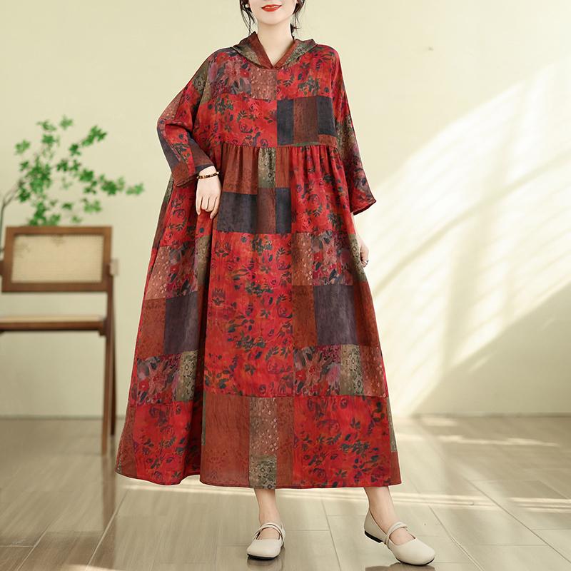 

DIMANAF New 2026 Women Plus Size Summer Long Dress Cotton Loose Oversize Casual Lady Maxi Vintage Print Beach Sundress Hooded One size