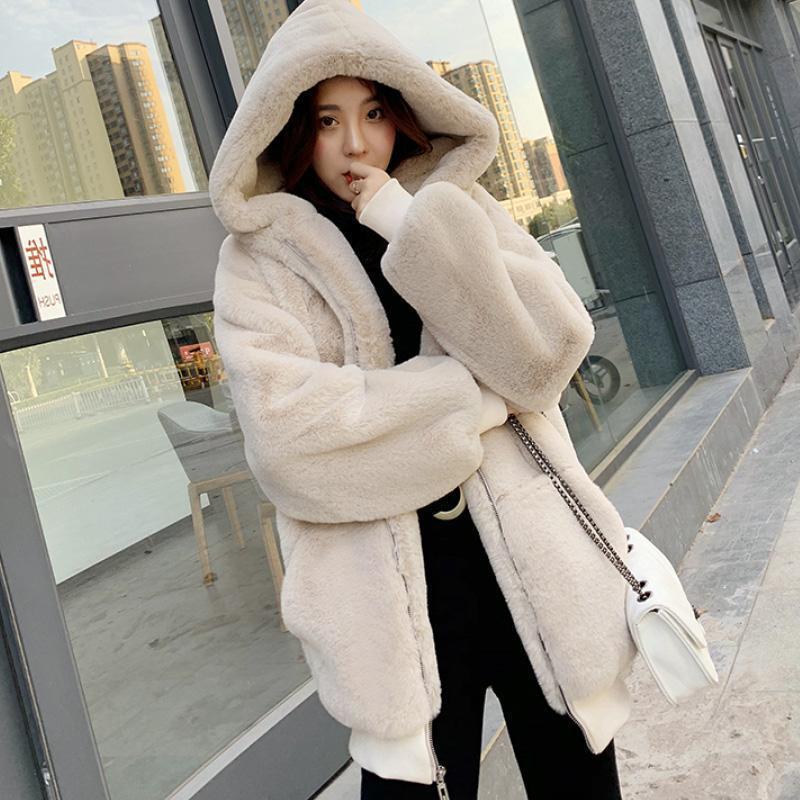 New imitation rabbit fur jacket women's winter plush top cocoon-shaped thickened hooded long