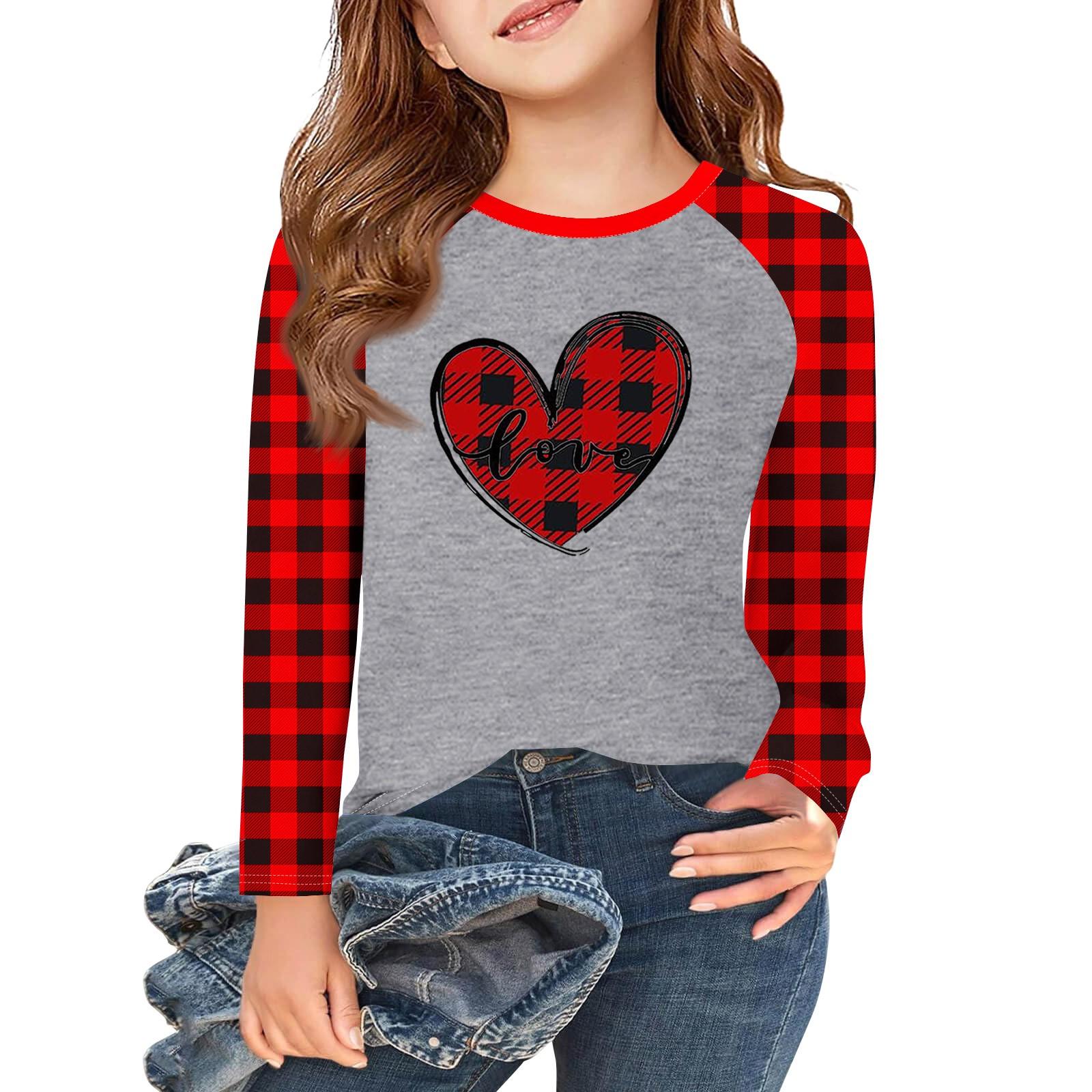 

Футболки с длинным рукавом для девочек Love ко Дню святого Валентина, детские осенние топы с круглым вырезом, базовые футболки для детей 5-14 лет 3