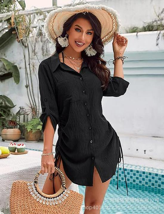 2025 New Style Women's Drawstring Bikini Cover-up Beach Dress Shirt
