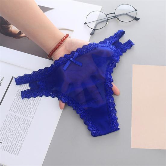 Sexy Embroidery Lace Stitching Briefs Solid Color Bowknot Decor See-through Mesh Thong Low-rise Ultra-thin Hollow Out Panties