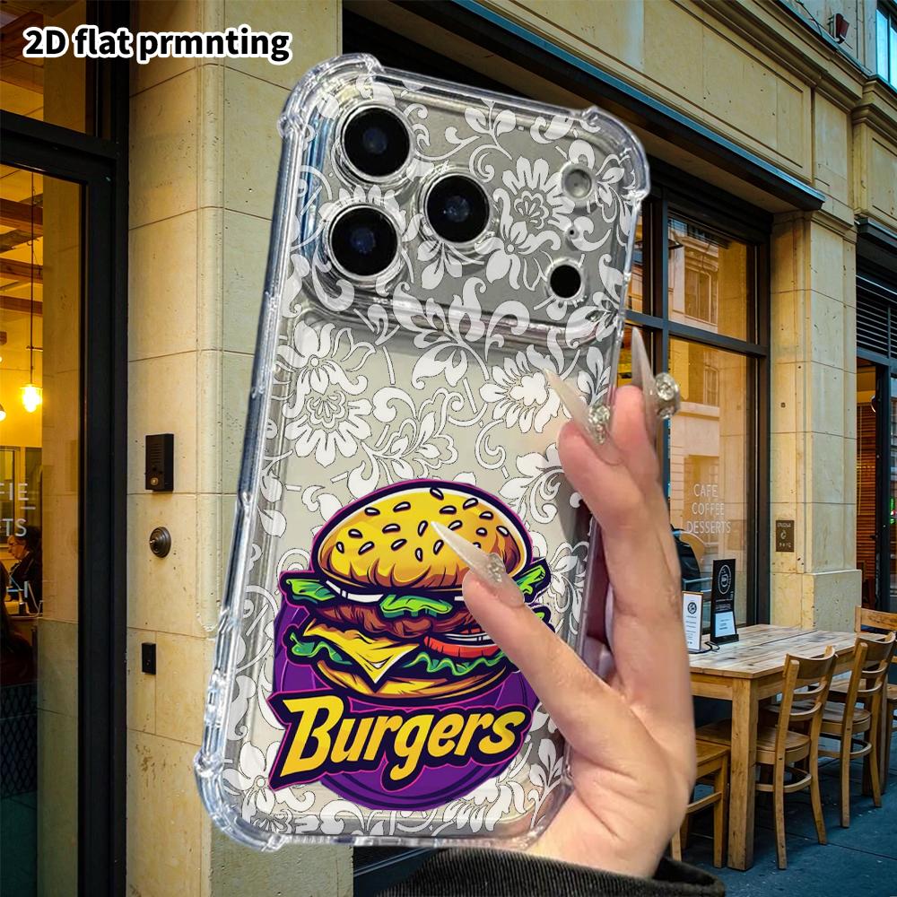 Phone Case: 2D flat suitable for iPhone 18 17 16 15 14 13 Pro transparent corner protection case, with hamburger, Christmas, and Halloween gifts