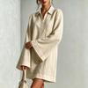 Women's Casual Color Loose Fit Long Sleeve Dress with Lapel Collar and Flared Sleeves