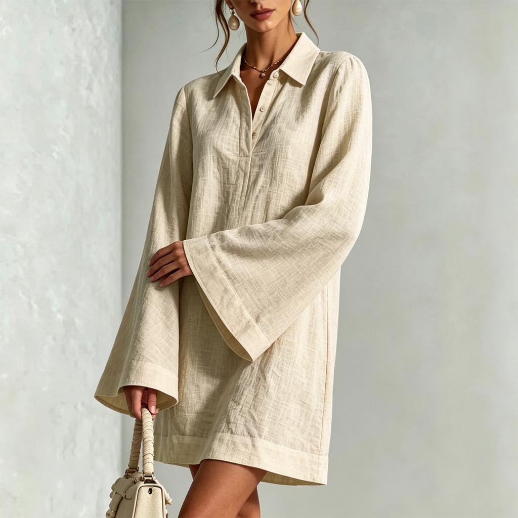Women's Casual Color Loose Fit Long Sleeve Dress with Lapel Collar and Flared Sleeves
