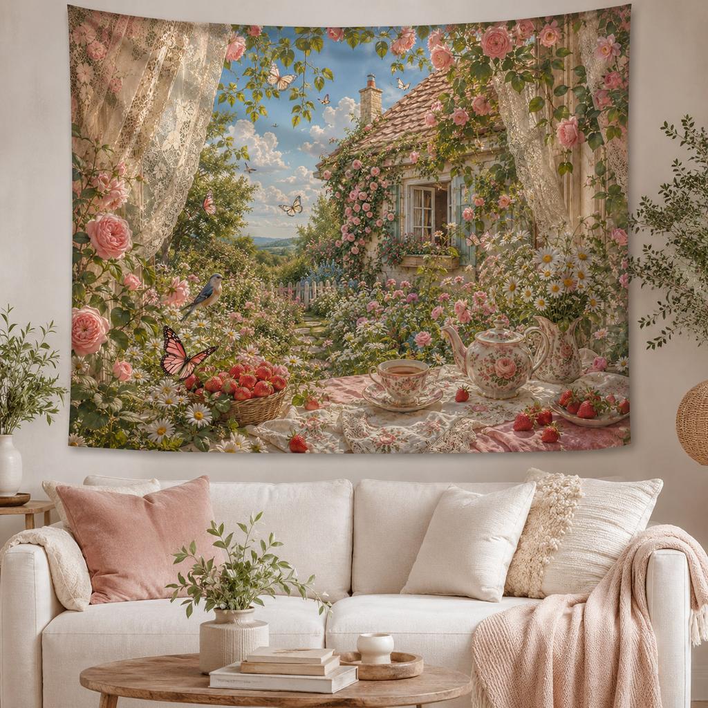 Cozy Pastoral Wall Tapestry Aesthetic Flower Plant Art Hanging Backdrop Cloth Fabric for Bedroom Living Room Decoration