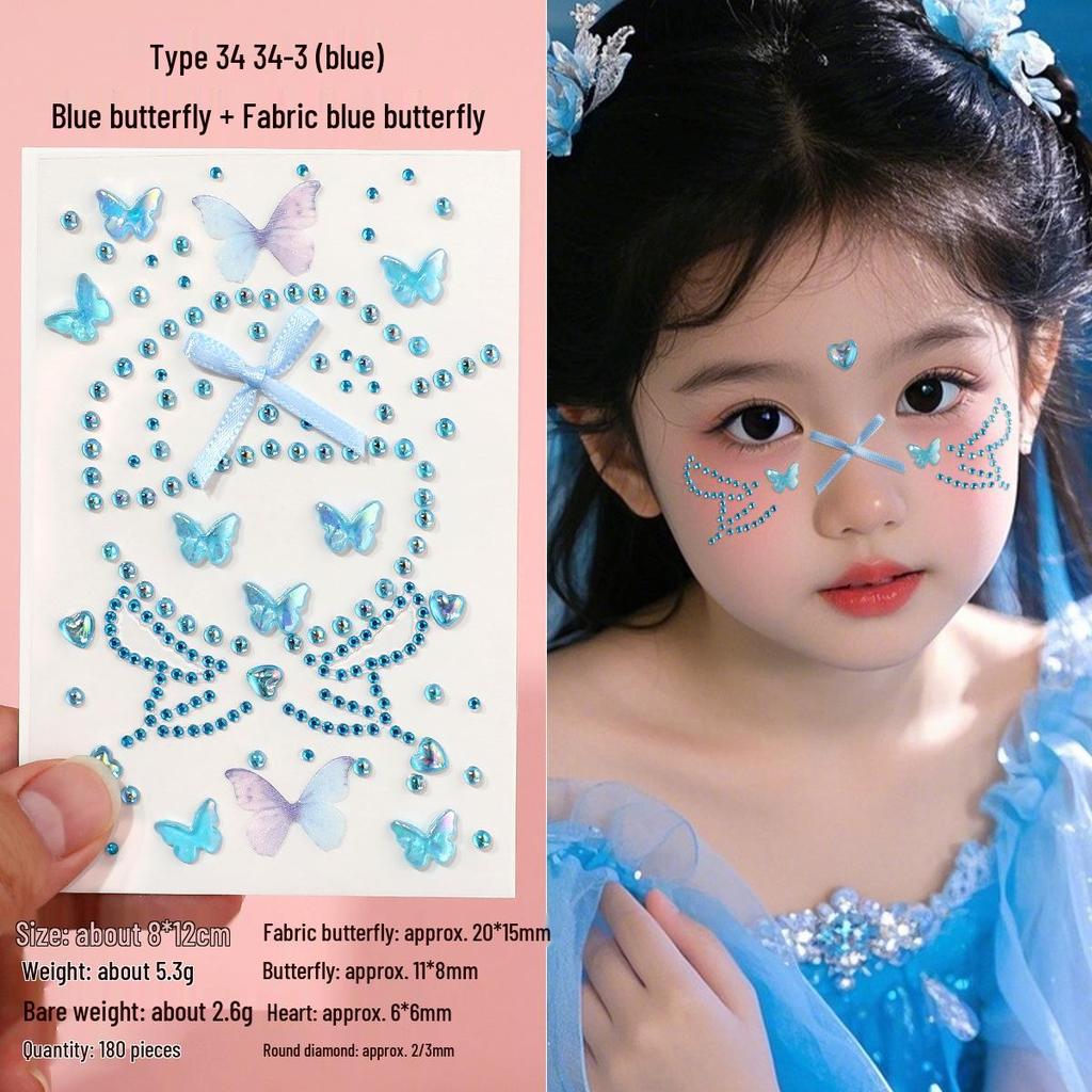 3D Butterfly & Star Face Sticker Set with Rhinestones & Pearls for Kids