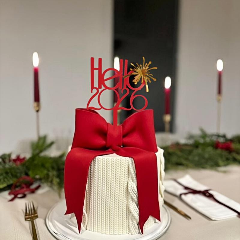 Hello New Year Acrylic Cake Decoration Golden Red Cake Topper Decor