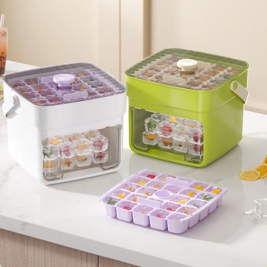 Press-Release Ice Cube Tray with Storage Bin & Ice Shovel Large Capacity Ice Mold for Freezer Leak-Proof Stackable BPA-Free Ice Maker for Home Party