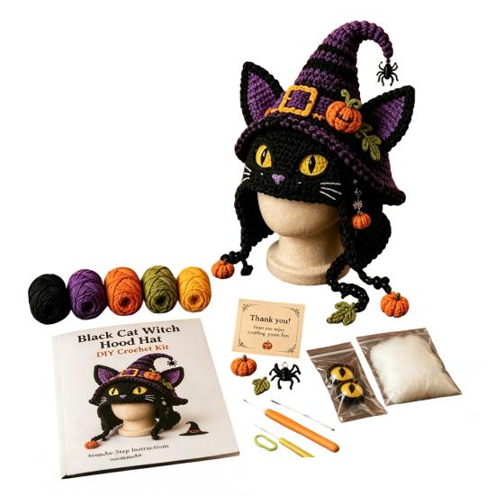 Easy Earflap Hat Pattern Halloween Animal Hood Crochet Kit, Skull Spider Bat DIY Beginner Kit Spooky Pumpkin Craft for Adults Teens, Autumn