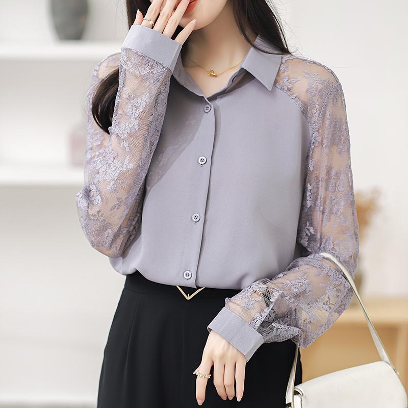 16 Color Lace Patchwork Chiffon Shirt Women Blouse Fashion Hollow Long Sleeved Top Slim OL Work Party Shirt Solid Color