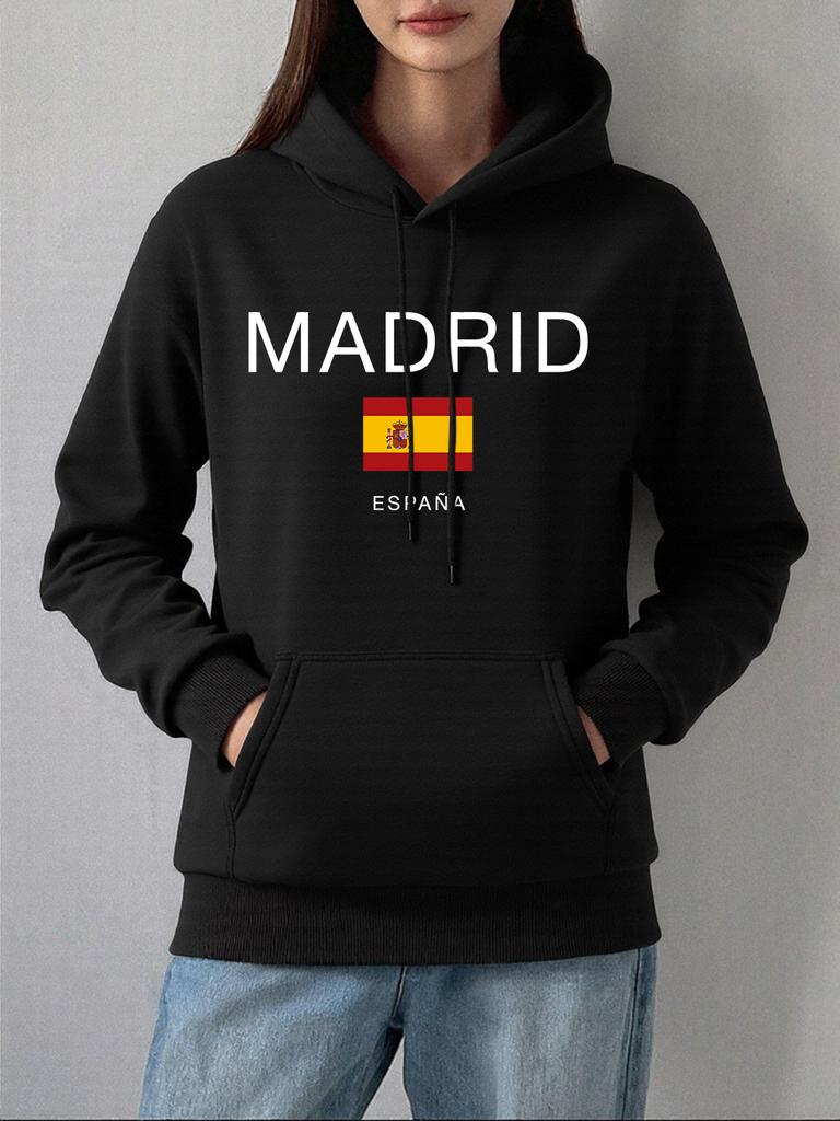 Madrid Spain Flag Printing Hoodies Women Autumn Winter Fleece Warm Sweatshirt Basics Pocket Pullover Casual Loose Womans Clothes