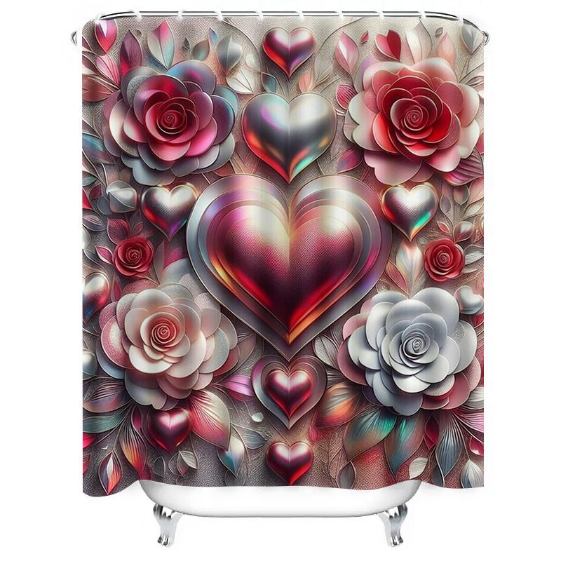 Luxurious 3D Floral Heart Shower Curtain - Waterproof, Mildew-Resistant, Machine Washable for Elegant Bathroom Decor
