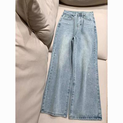 Women Jeans Straight Diamonds Pants Stretch High Waist Washed Mom Jeans Y2k Streetwear Trousers Vintage Denims Streetwear