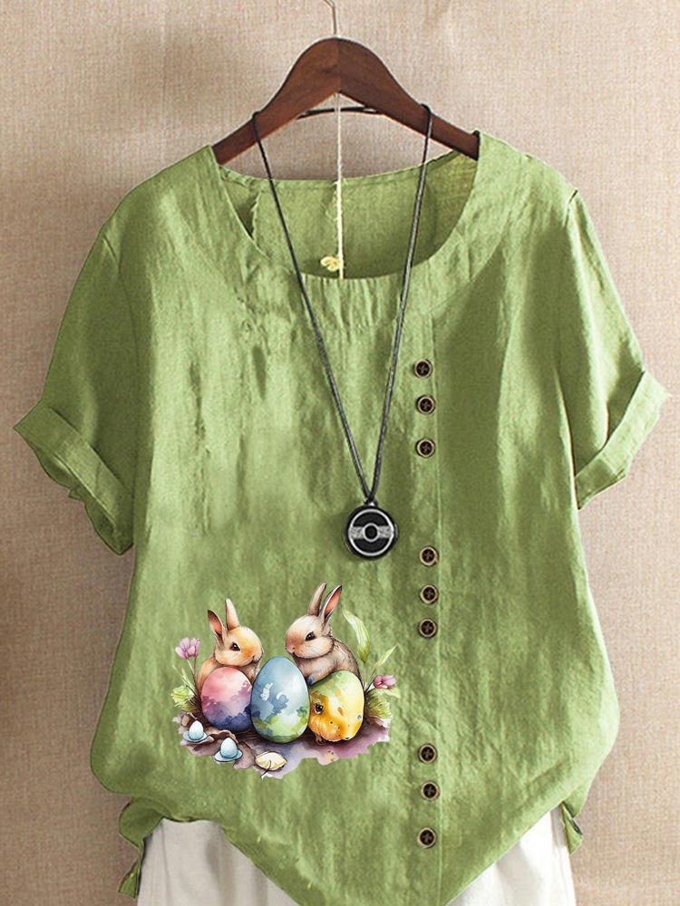 Women's Fashion Rabbit Print Casual Cotton Linen Short Sleeve Round Neck T-shirt Shirt Leisure Loose Summer Blouse Tops