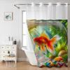 No Hook Lotus Fishes Pattern Shower Curtain With Snap-in Fabric Liner, Sheer Top Window, Waterproof Double Layer Bathtub Curtain